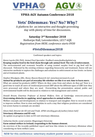 Veterinary Public Health Association Conference: Vets’ Dilemmas.   Including swill feeding, animal by-products and welfare
